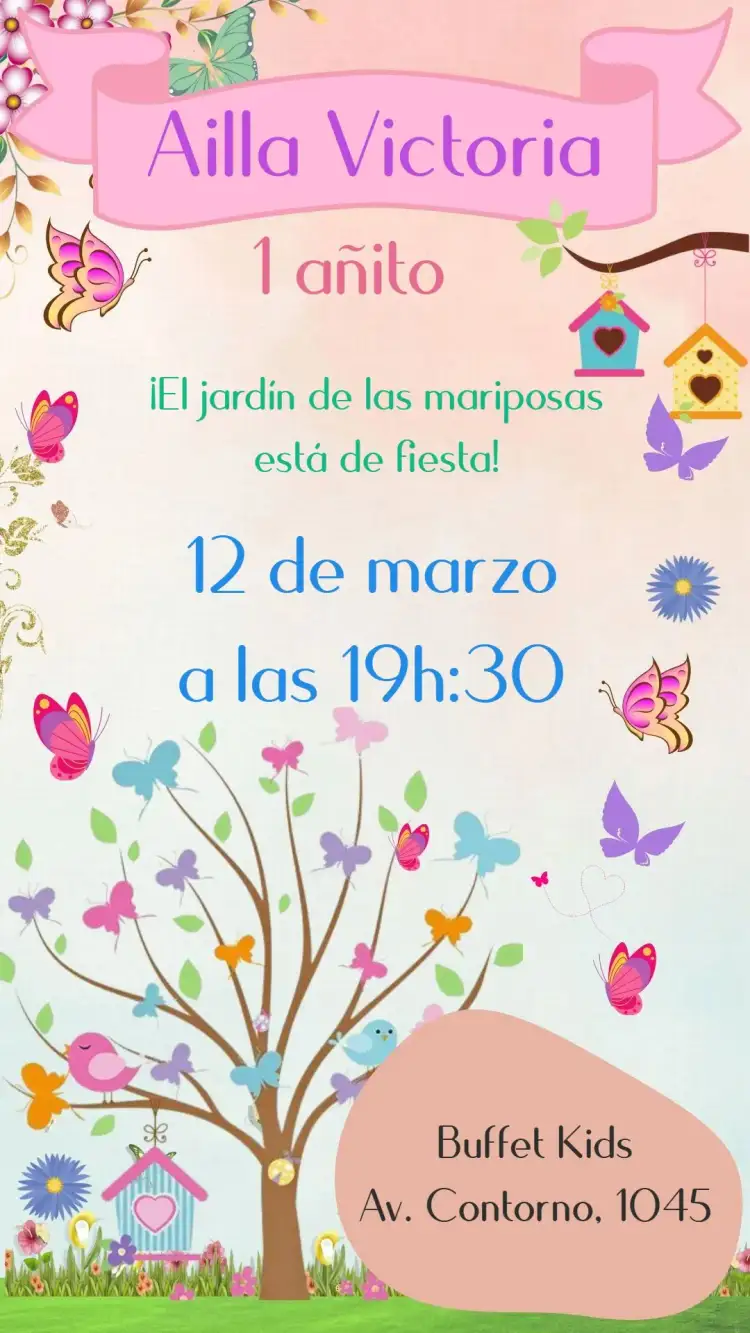 Invitación Jardín de las Mariposas – tema Cumpleaños Infantil floral, colorido, lúdico, natural, vintage, moderno