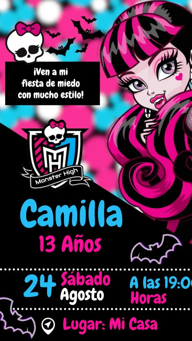 Invitación Monster High Boneca – tema Más buscados rosa, moderno, divertido, colorido, fantasia