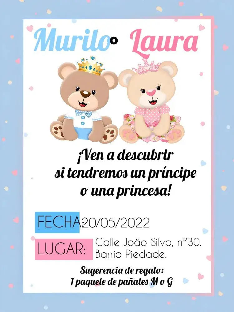 Invitación Baby Shower Ositos Realeza Corona – tema Revelación Bebé realeza, ositos, corona, azul y rosa, delicado, fiesta temática