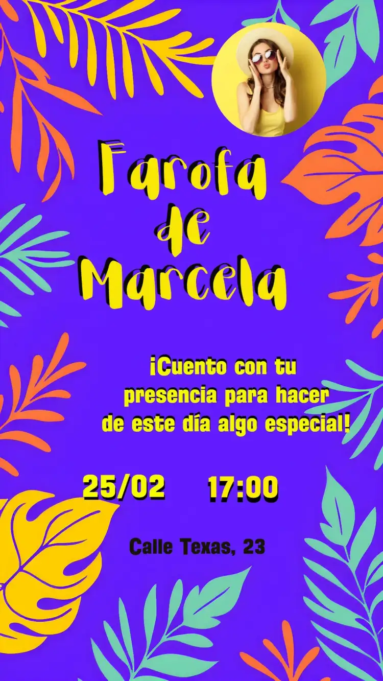 Invitación Farofa Tropical Tardezinha Con Tema de Foto – tema Despedida de Soltera tropical, colorido, vibrante, descontraído, moderno