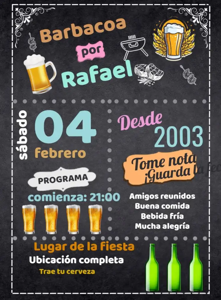 Invitación Cumpleaños Parrillada Pizarra - Adulto Bebida editable y personalizable