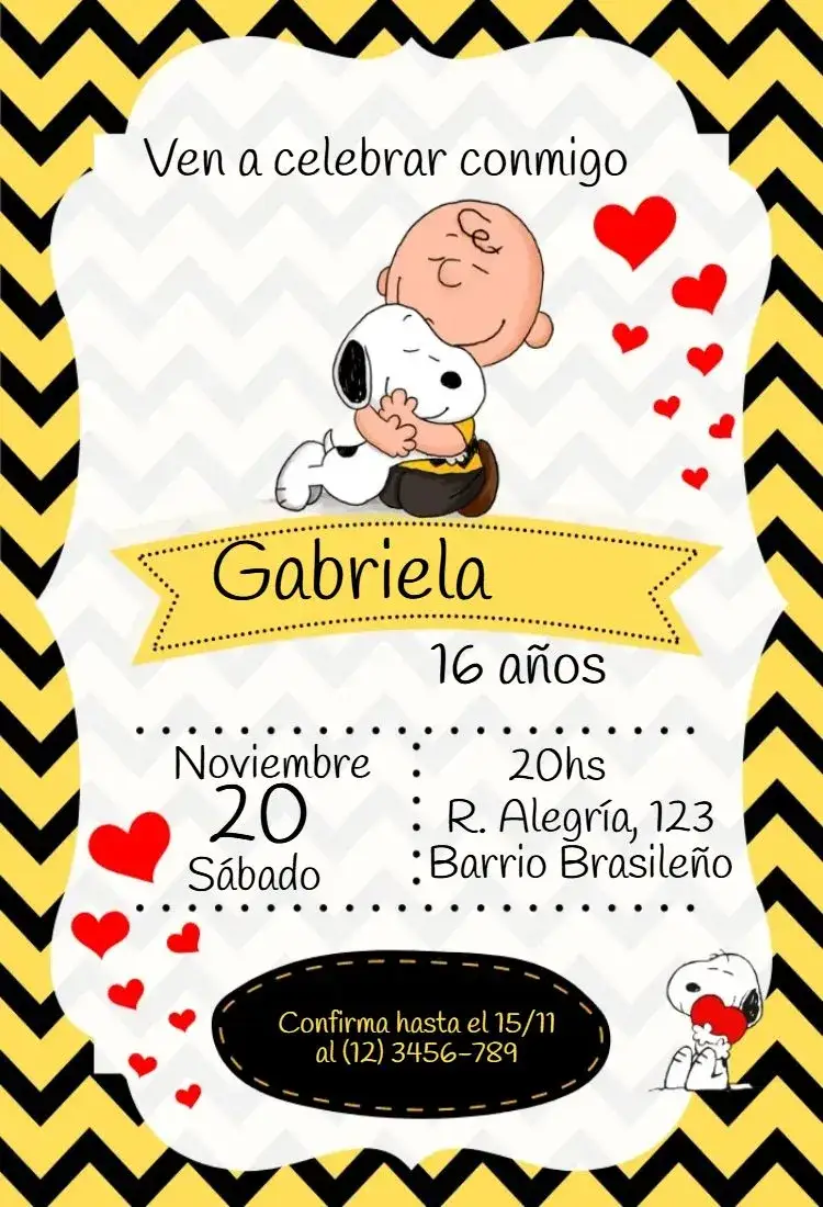 Invitación Snoopy y Charlie Brown – tema Cumpleaños Infantil colorido, lúdico, divertido, ilustraciones de personajes, estilo infantil, temática Peanuts