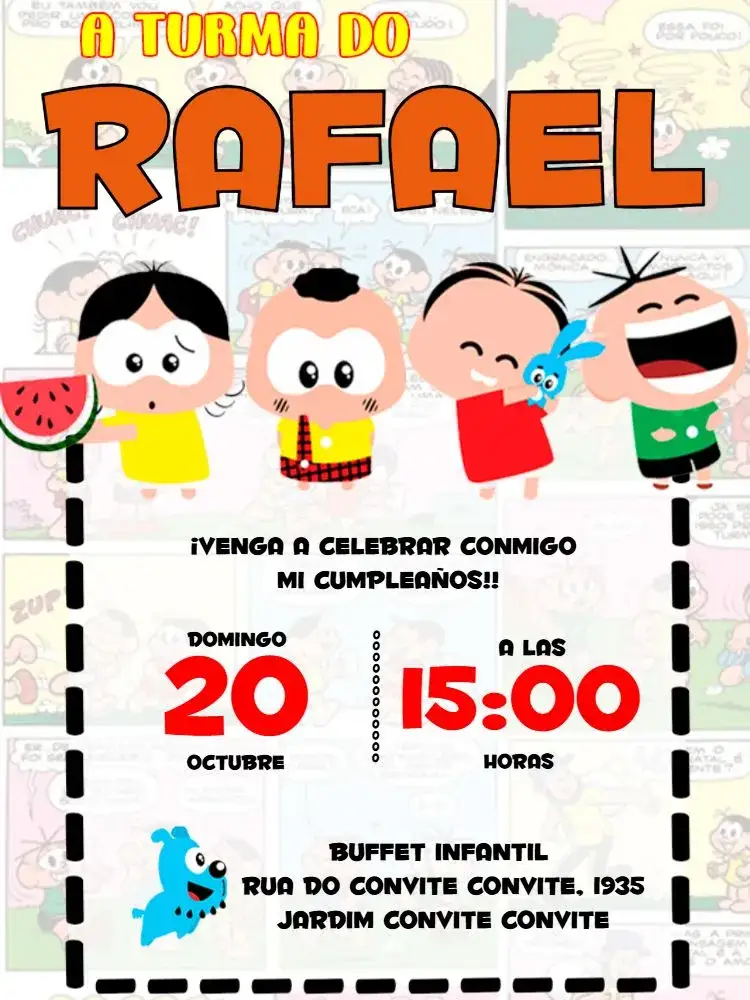 Invitación Turma Da Mónica Toy – tema Cumpleaños Infantil colorido, divertido, lúdico, de cómics, infantil, moderno
