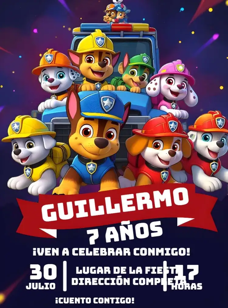 Invitación Patrulla Canina Rubble – tema Cumpleaños Infantil colorido, divertido, temático, infantil, animales