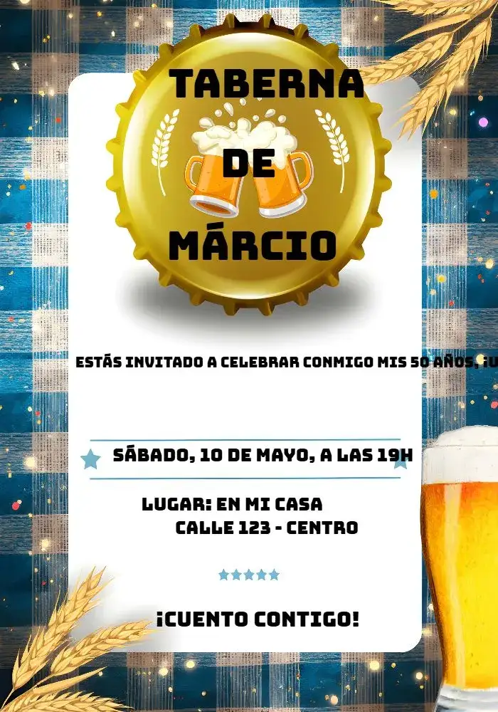 Invitación Boteco Tampinha – tema Cumpleaños taberna, colorido, ajedrezado, divertido, moderno