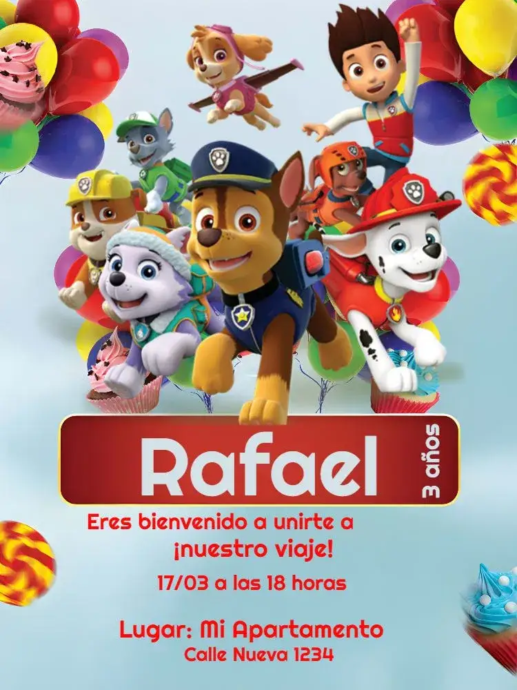 Invitación Patrulla Canina Digital – tema Cumpleaños Infantil divertido, colorido, temático, infantil, moderno