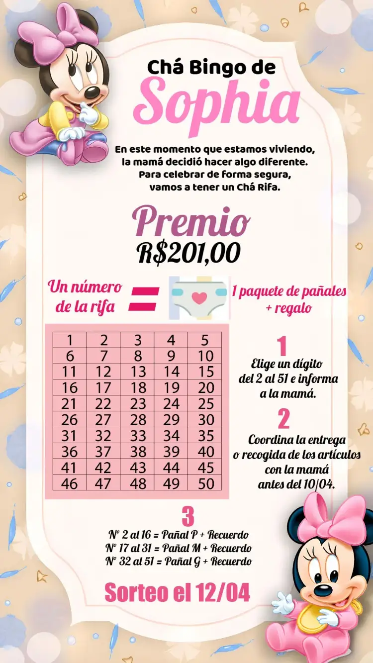 Invitación Chá Rifa Pañales Minnie Mouse Baby Niña – tema Té Rifa rosa, dorado, moderno, infantil, divertido, temático