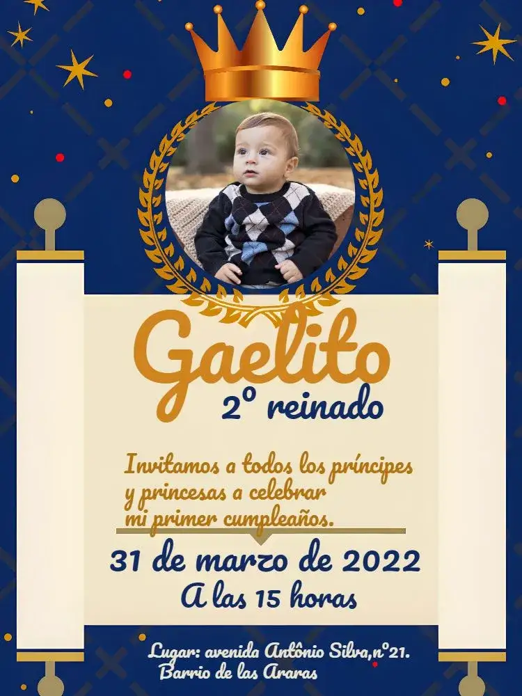 Invitación Primer Reinado Niño Con Foto 1 – tema Fechas Conmemorativas realeza, azul, dorado, blanco, infantil, moderno