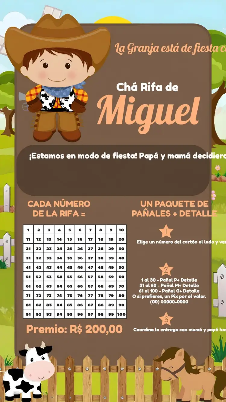 Invitación Té Rifa Granja Toro – tema Más buscados rústico, fazenda, animal, vintage, colorido, divertido