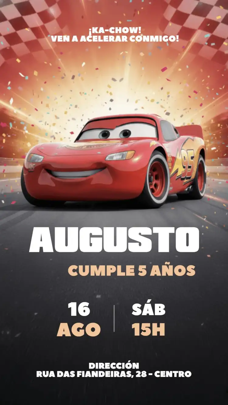 Invitación Invitación Digital Autos Rayo McQueen – tema Cumpleaños Infantil rojo vibrante, estilo cartoon, elementos de carrera, diseño divertido, ilustraciones infantiles, detalles coloridos