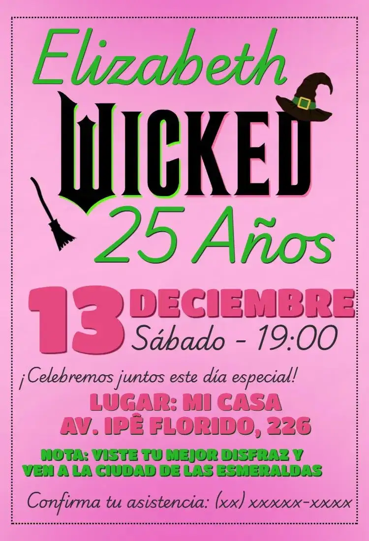 Invitación Cumpleaños de Wicked Elphaba y Glinda rosa – tema Cumpleaños rosa, verde, temática musical, elementos gráficos de Oz, festivo, fantasía