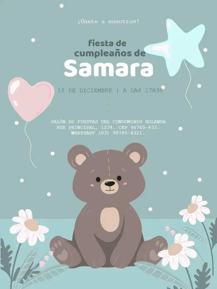Invitación Oso Delicado Globo – tema Cumpleaños Infantil delicado, floral, lúdico, verde, masculino y femenino