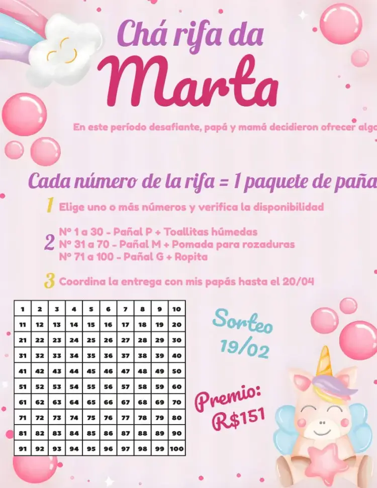 Invitación Té Rifa Unicornio Acuarela editable y personalizable