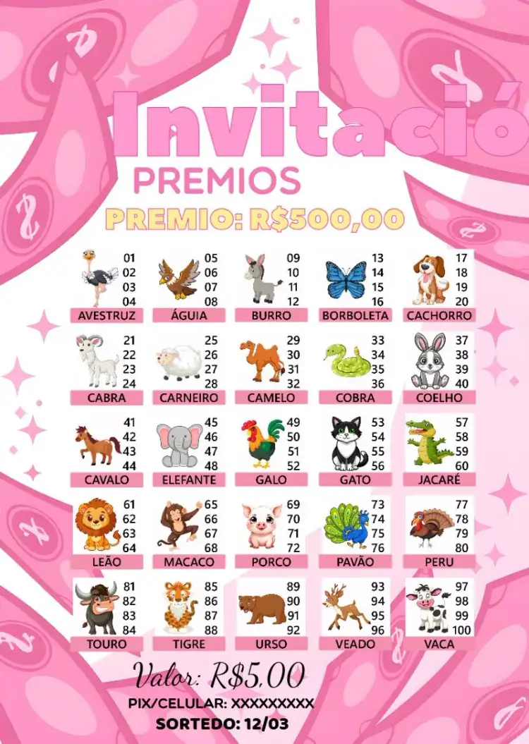 Invitación Rifa De Bicho Premiações Juego – tema Cartones colorido, lúdico, divertido, animales, juego, festivo