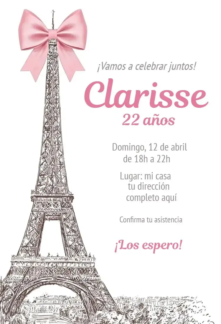 Invitación París 1 – tema Cumpleaños romántico, elegante, vintage, parisino, minimalista, colorido