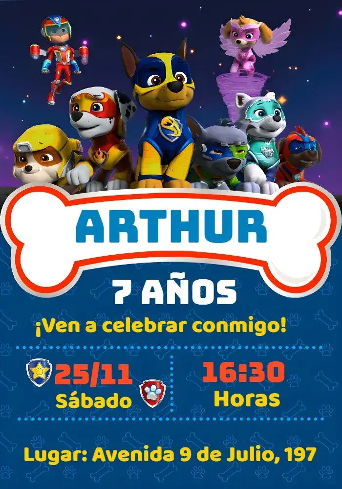 Invitación Patrulla Canina Perro – tema Cumpleaños Infantil colorido, animado, temático, infantil, heróis, divertido