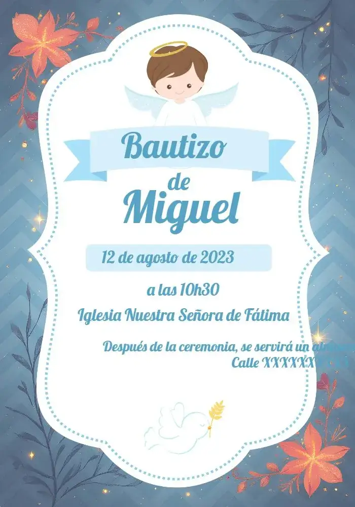 Invitación Bautismo Confirmación – tema Bautismo angelito, azul, dorado, religioso, infantil, delicado