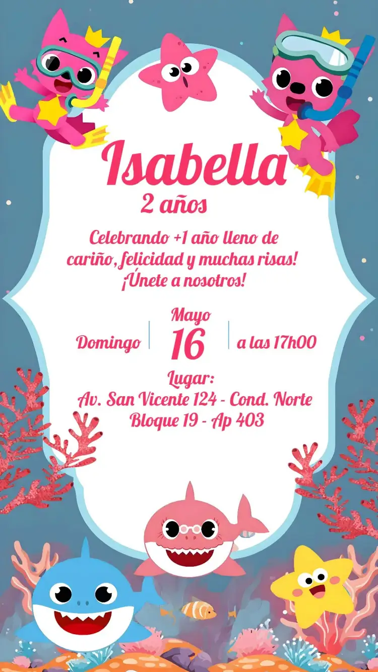 Invitación Baby Shark Dibujo – tema Cumpleaños Infantil colorido, marino, divertido, infantil, ilustración, temático