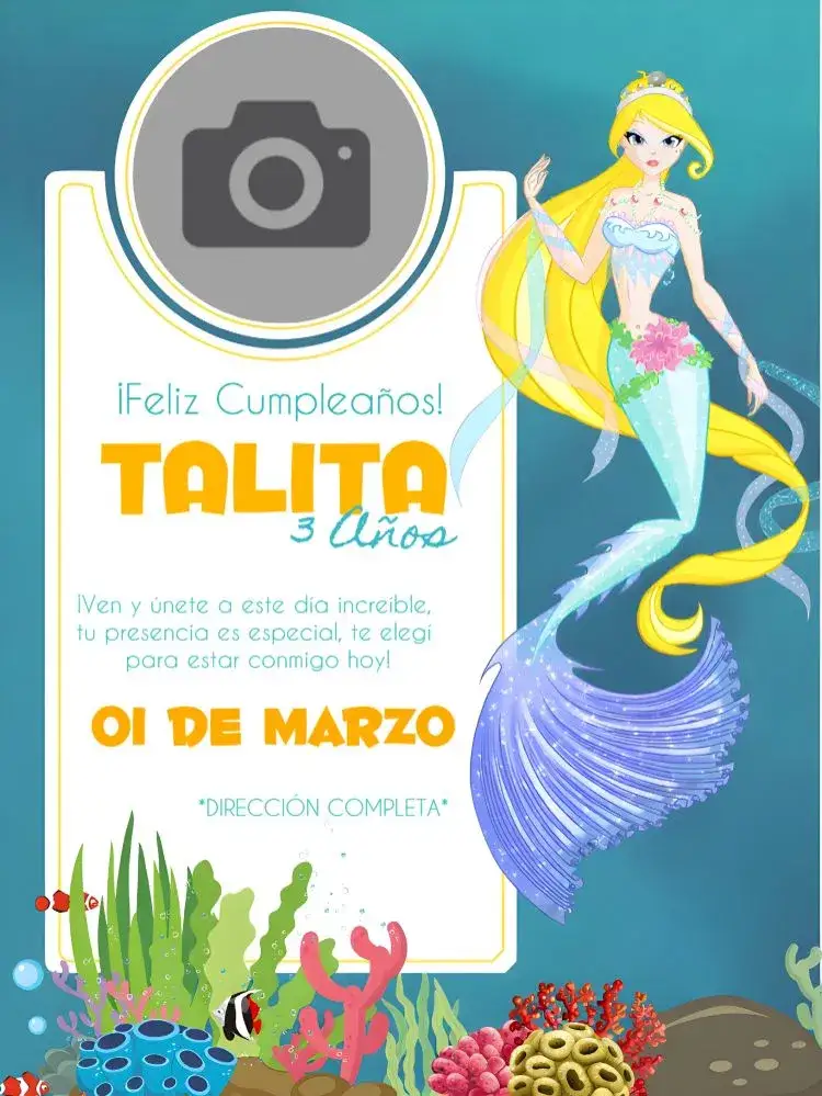 Invitación Sirena Con Foto Descargar – tema Más buscados azul marino, colorido, de fantasía, tropical, aguamarina, lúdico