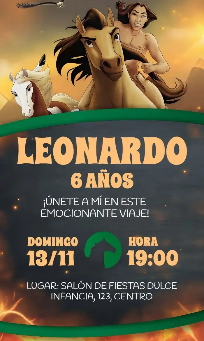 Invitación Spirit El Corcel Indomable Fiesta Infantil – tema Más buscados aventura, naturaleza, caballo, verde, infantil, temático