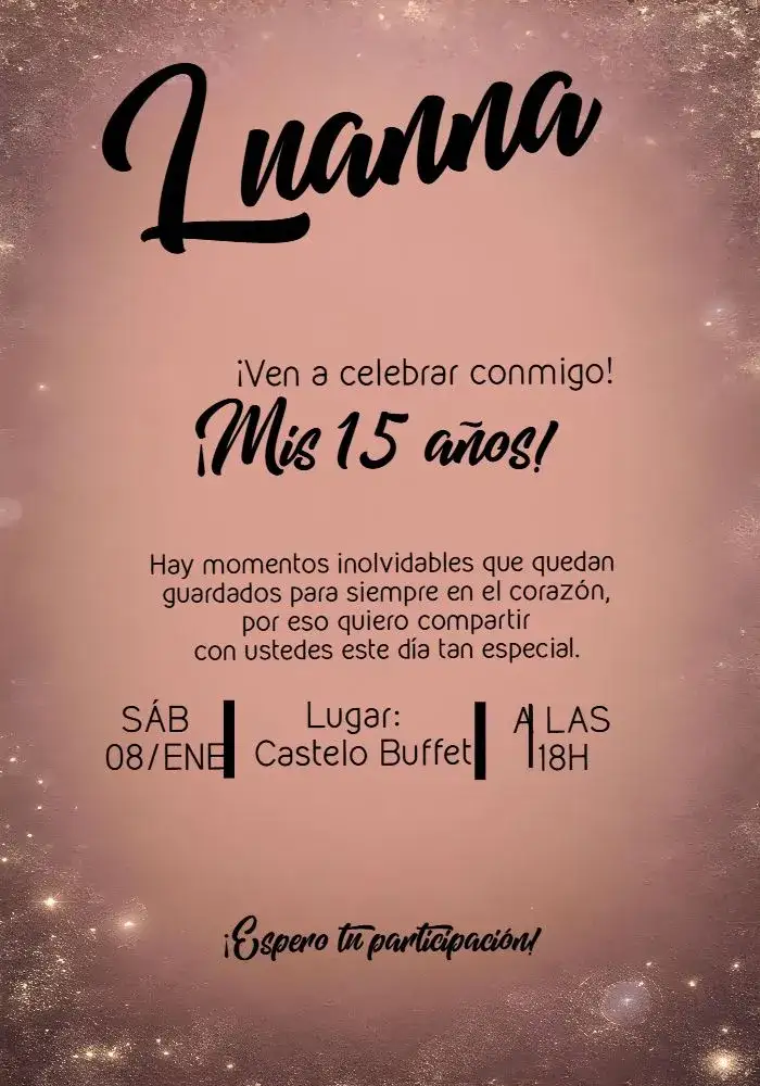 Invitación Glitter Años – tema 15 años brillantina, rosado, moderno, elegante, femenino, brillante