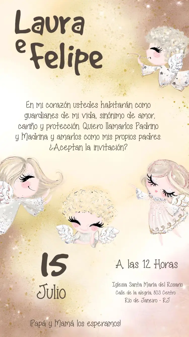 Invitación Para Padrinhos Anjinhos Glitter – tema Bautismo delicado, infantil, glitter, ángeles, pastel, soñador