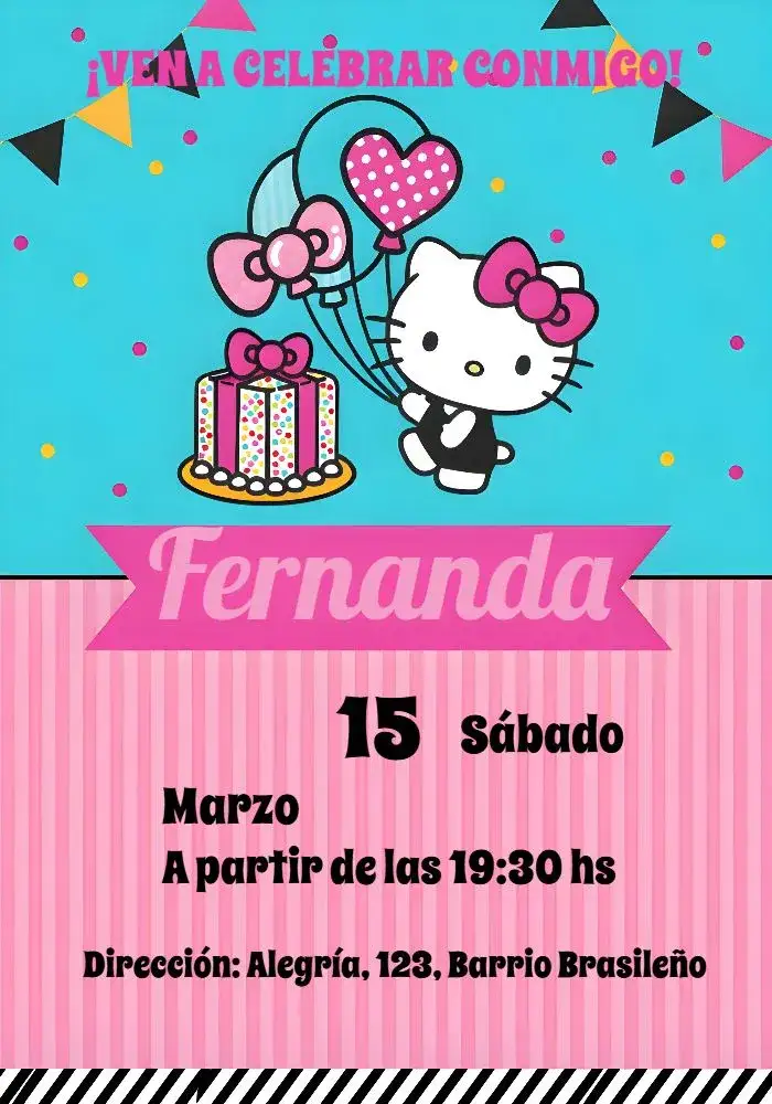 Invitación Hello Kitty Sanrio – tema Cumpleaños Infantil colorido, divertido, infantil, fofo, temático, lúdico
