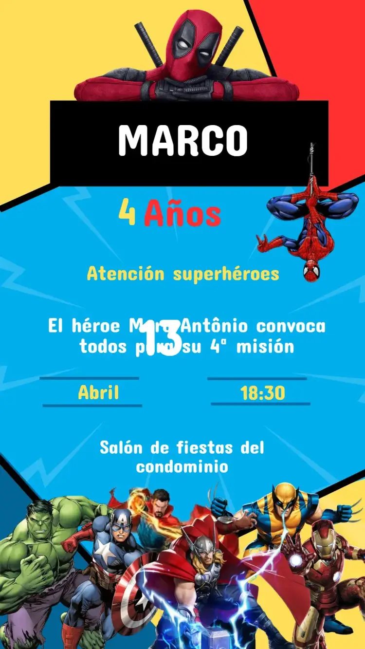 Invitación Invitación Cumpleaños VENGADORES – tema Cumpleaños Infantil superhéroes, colorido, moderno, dinámico, aventura, divertido