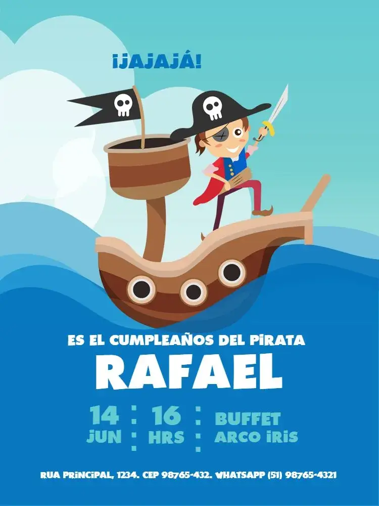Invitación Infantil Pirata Azul Claro