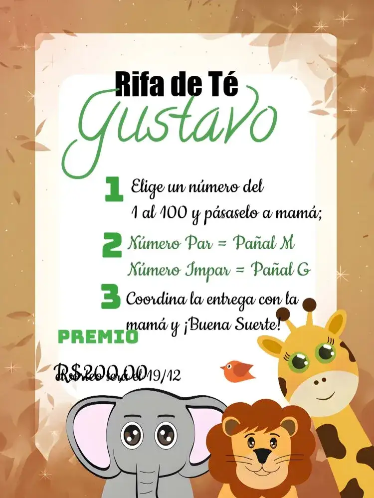 Invitación Té Rifa Safari Cha – tema Té Rifa safari, animales de la selva, colores vibrantes, naturaleza, infantil, hojas