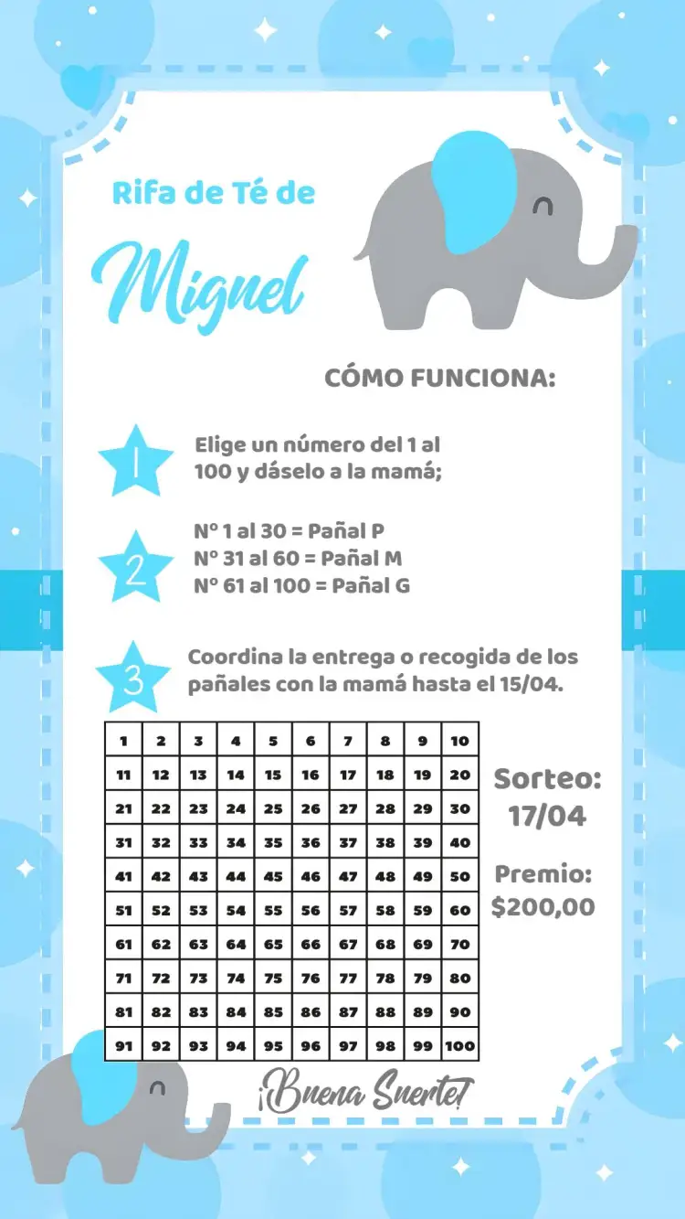 Invitación Chá Rifa Elefantito Pañal – tema Té Rifa azul, dorado, blanco, elefante, divertido, infantil