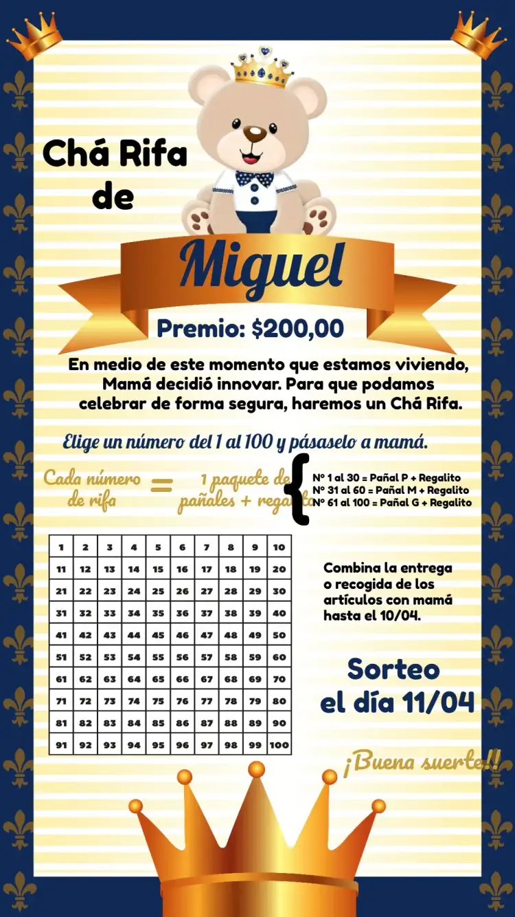 Invitación Té Rifa Osito Príncipe Principe.príncipe – tema Té Rifa azul, dorado, blanco, oso, infantil, moderno