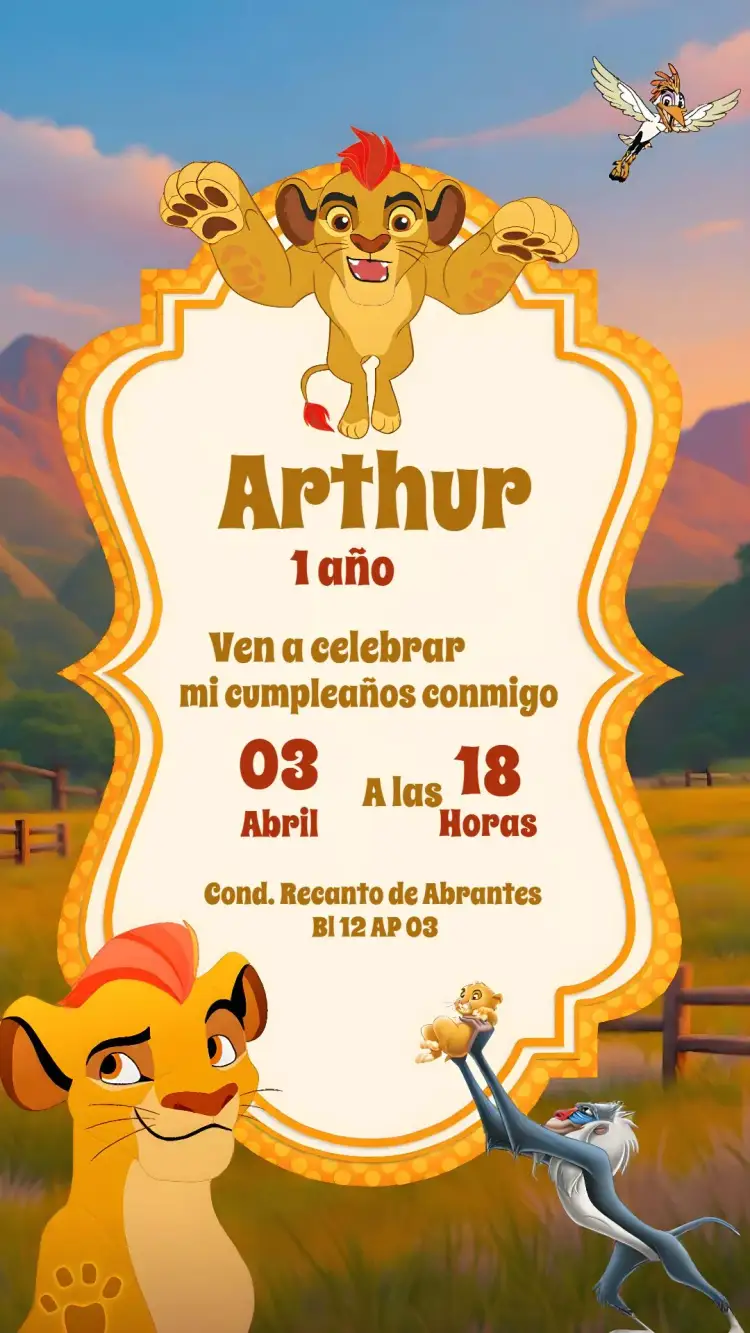 Invitación Rey León Colorido – tema Cumpleaños Infantil colorido, divertido, salvaje, temática de Disney, aventura, infantil