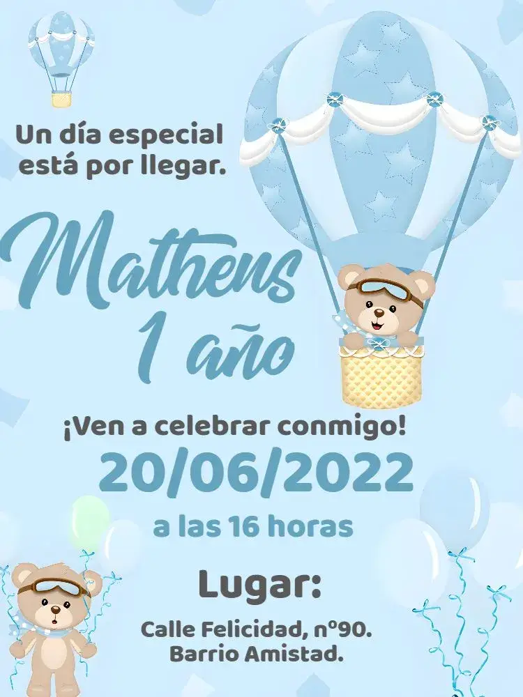 Invitación Oso Globos Celeste