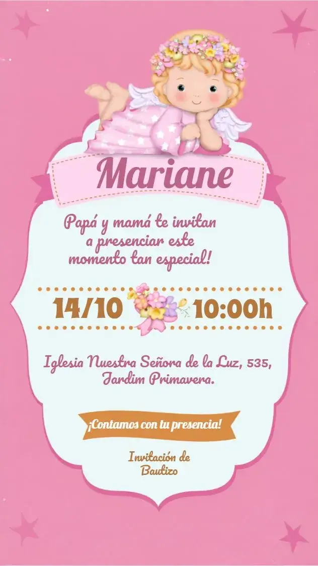Invitación Bautizo Angelito Infantil – tema Bautismo delicado, rosa suave, anjinhos, infantil, festivo