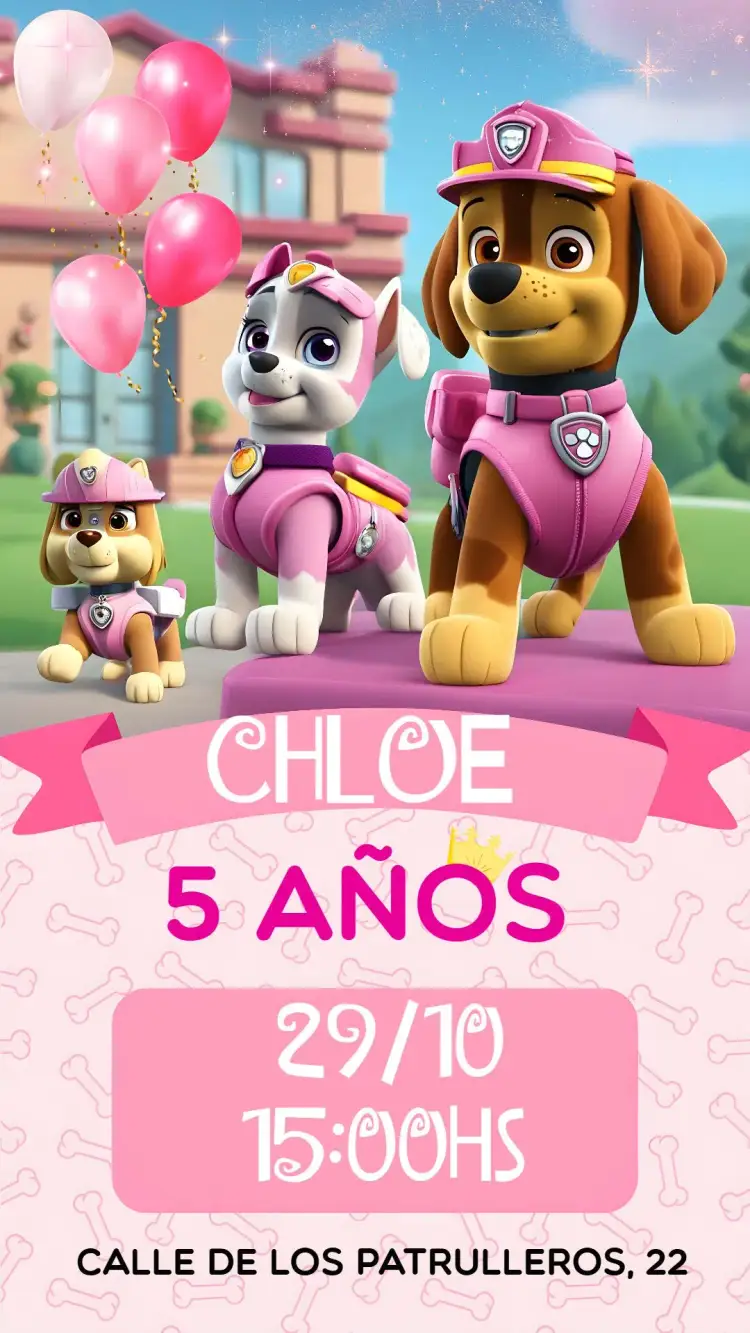 Invitación Patrulla Canina Infantil – tema Cumpleaños Infantil rosa, divertido, infantil, lúdico, colorido, moderno
