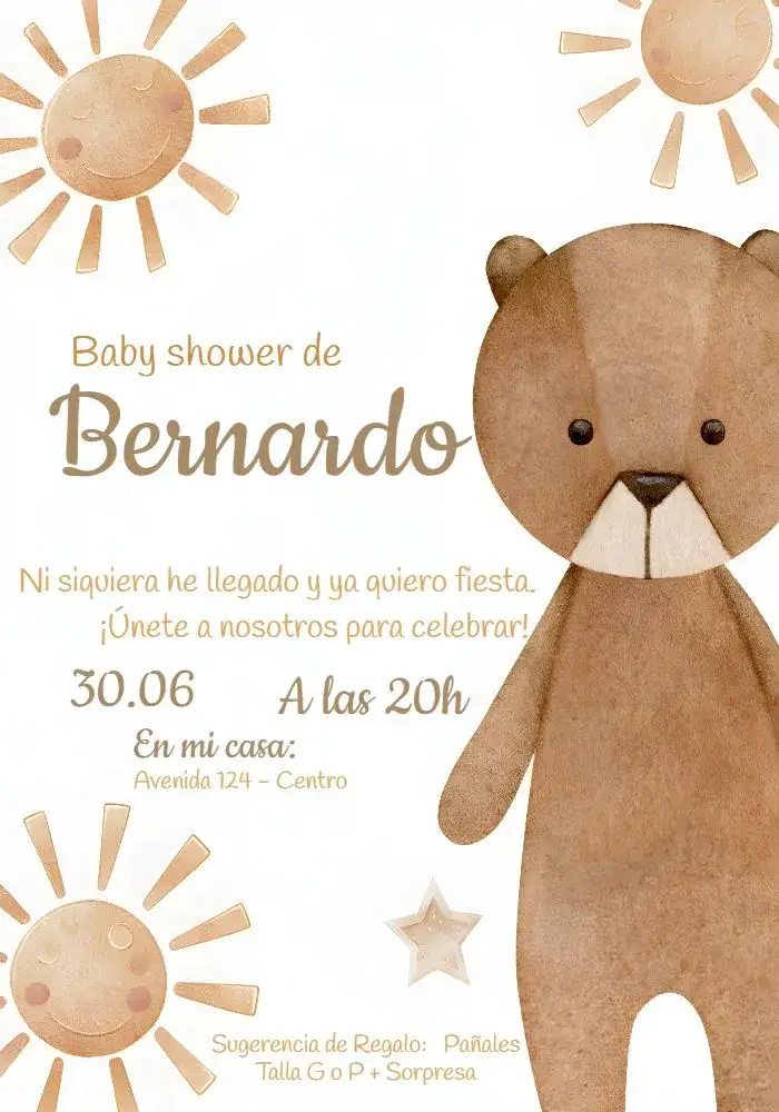 Invitación Baby Shower Oso Beige