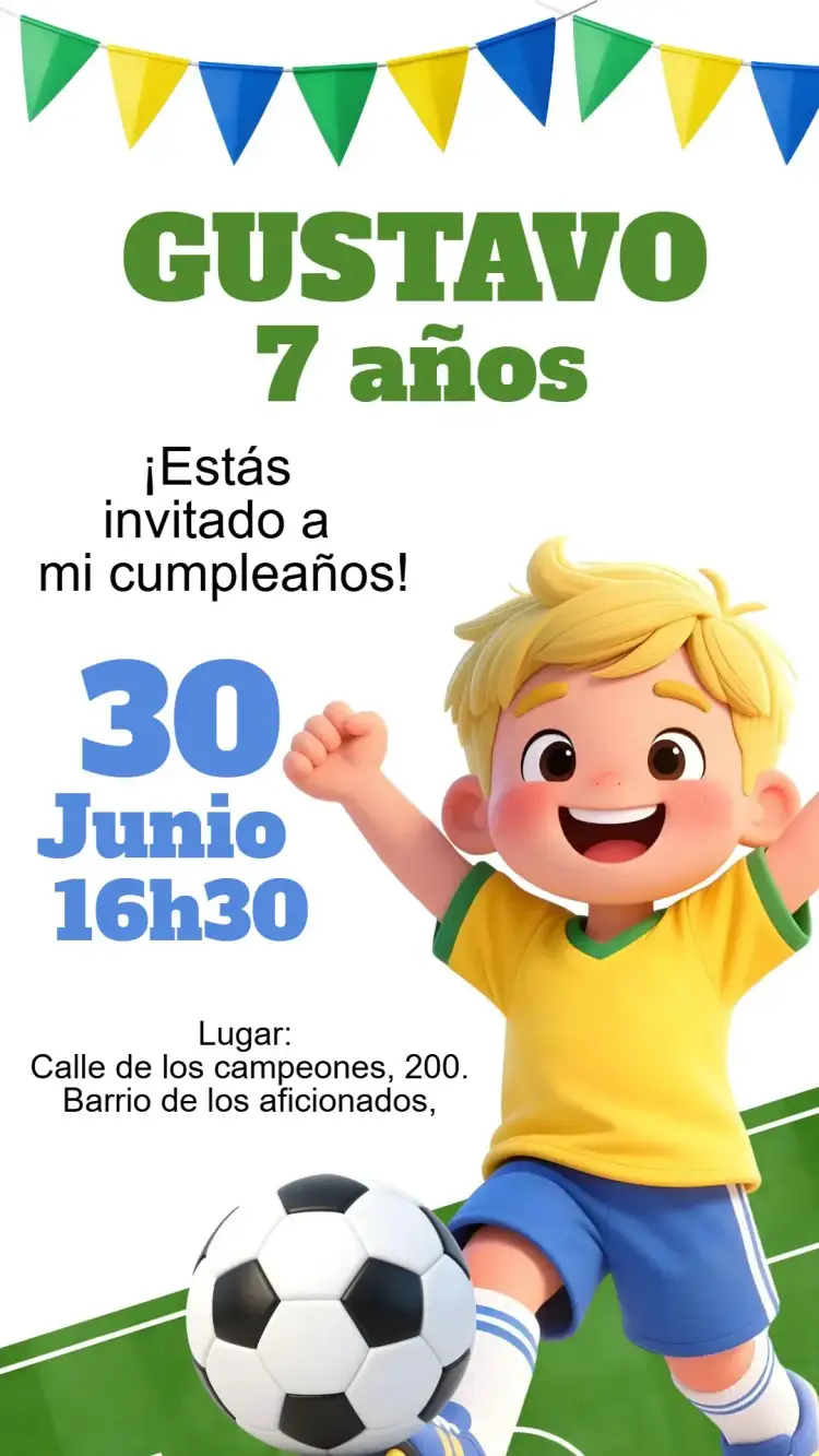 Invitación Invitación digital Fútbol niño – tema Cumpleaños Infantil fútbol, brasileño, vibrante, temático, colorido, deportivo