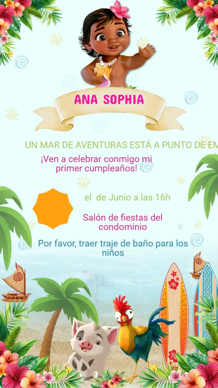 Invitación Invitación Cumpleaños MOANA BABY – tema Cumpleaños Infantil tropical, marino, colorido, aventura, infantil, fantasía