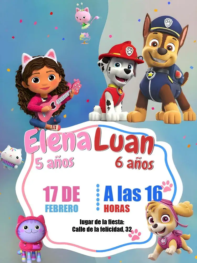 Invitación Doble La Casa Mágica De Gabby Y Patrulla Canina Niño