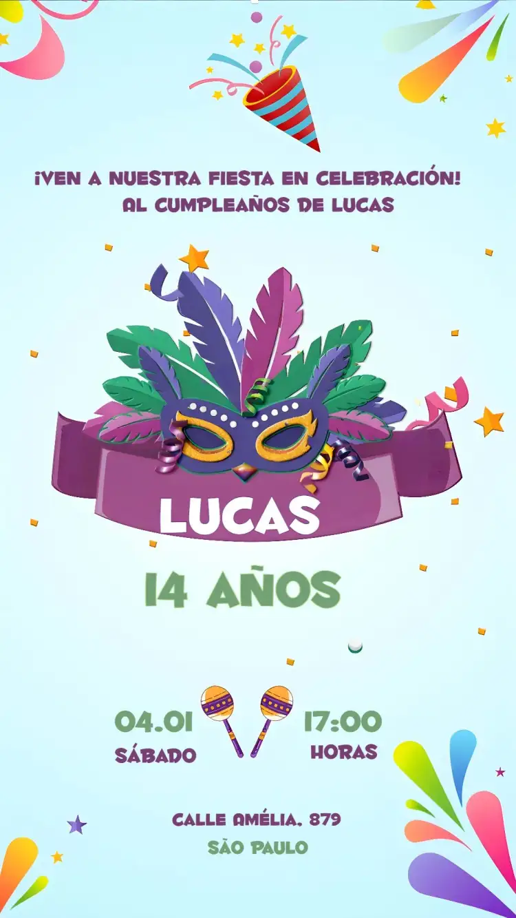 Invitación Carnaval Divertido – tema Fechas Conmemorativas colorido, divertido, folclórico, jocoso, festivo, vibrante