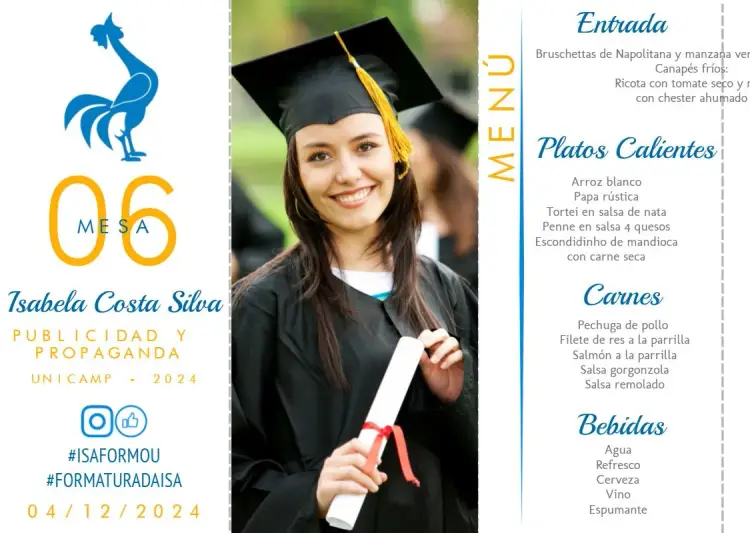 Invitación Menú Triángulo Graduación Publicidad Y Propaganda Con Foto del Graduado editable y personalizable