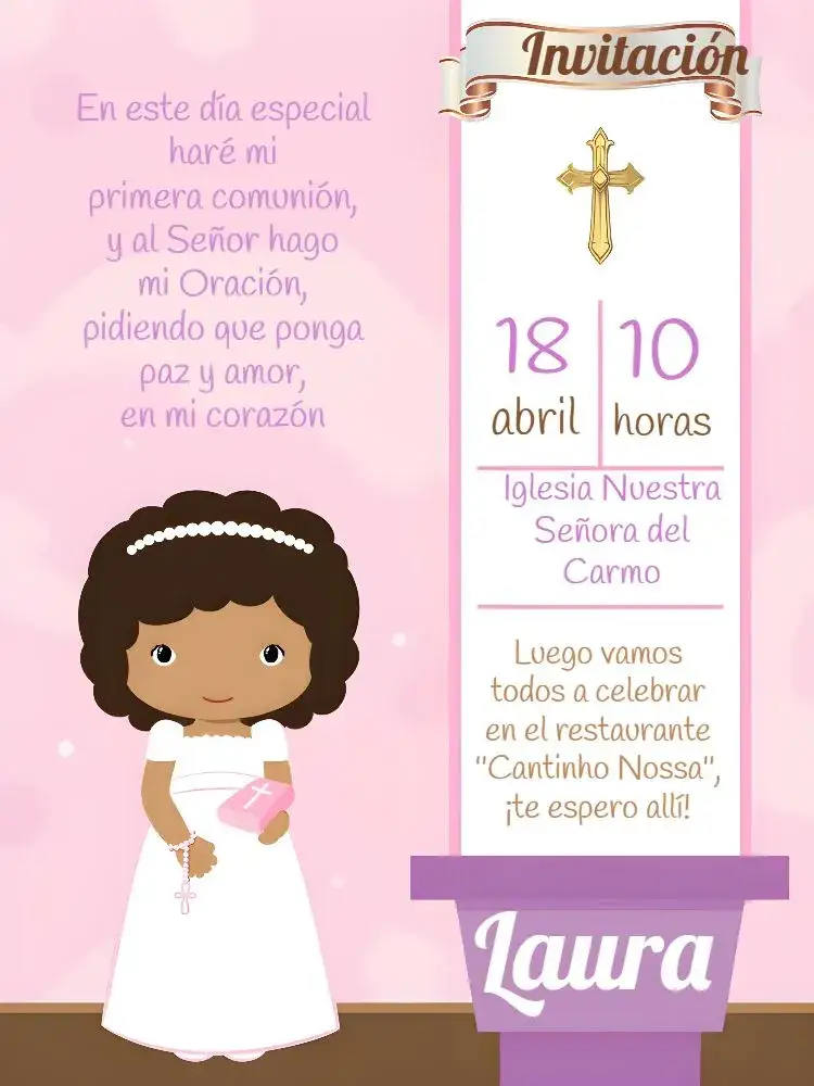 Invitación Primera Comunión Dorado – tema Primera Comunión dorado, rosa, blanco, elegante, infantil, religioso
