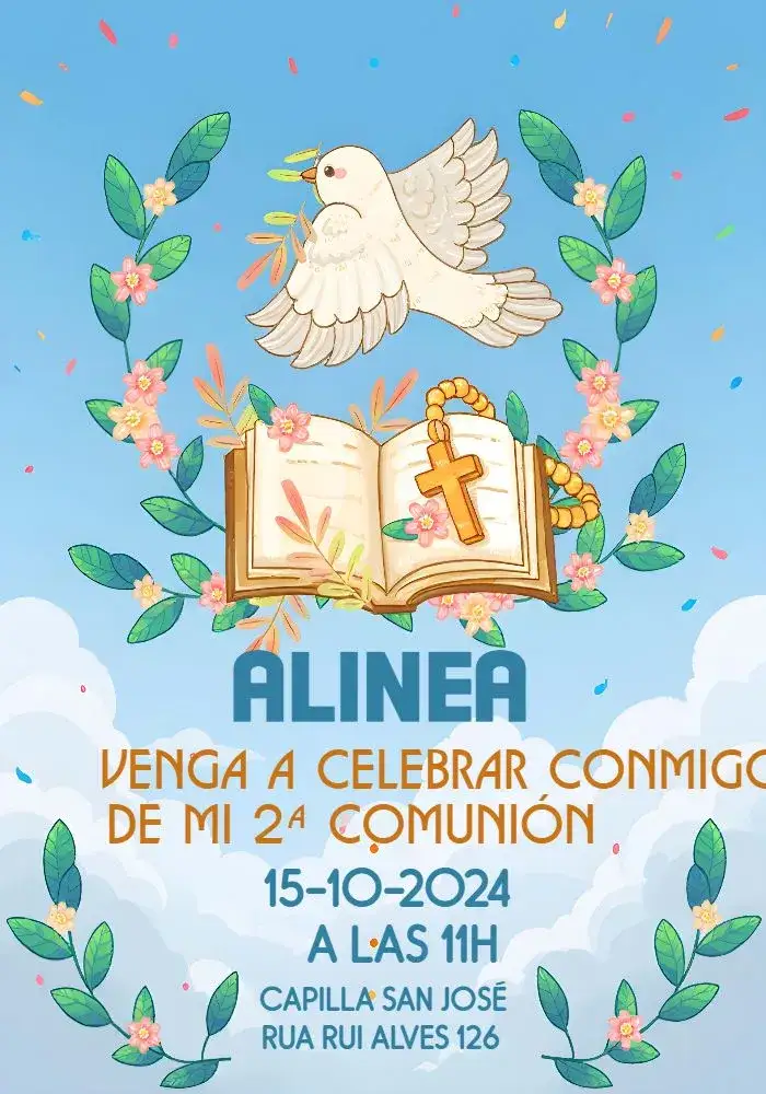 Invitación Para Primera Comunión Eucarística – tema Primera Comunión espiritual, delicado, minimalista, blanco y dorado, floral, ilustraciones infantiles