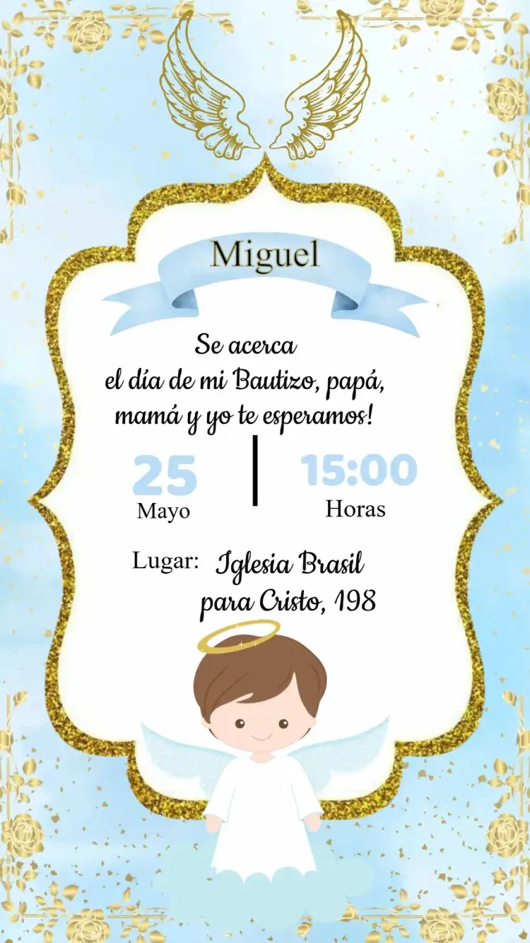 Invitación Invitación Cumpleaños Bautizo – tema Bautismo azul y blanco, tema nube, estilo minimalista, elementos lúdicos, diseño moderno, detalles en dorado