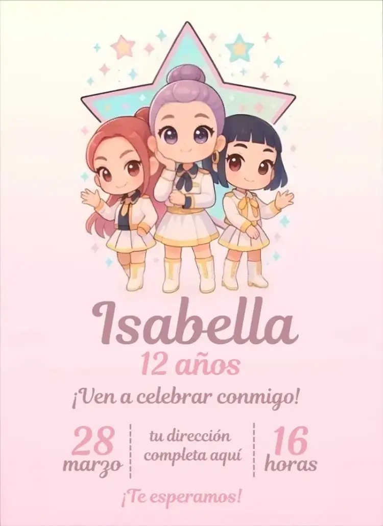 Invitación Invitación Guerreras del Kpop 7 – tema Cumpleaños colores vibrantes, estilo pop, elementos gráficos del Kpop, diseño moderno, ilustraciones divertidas