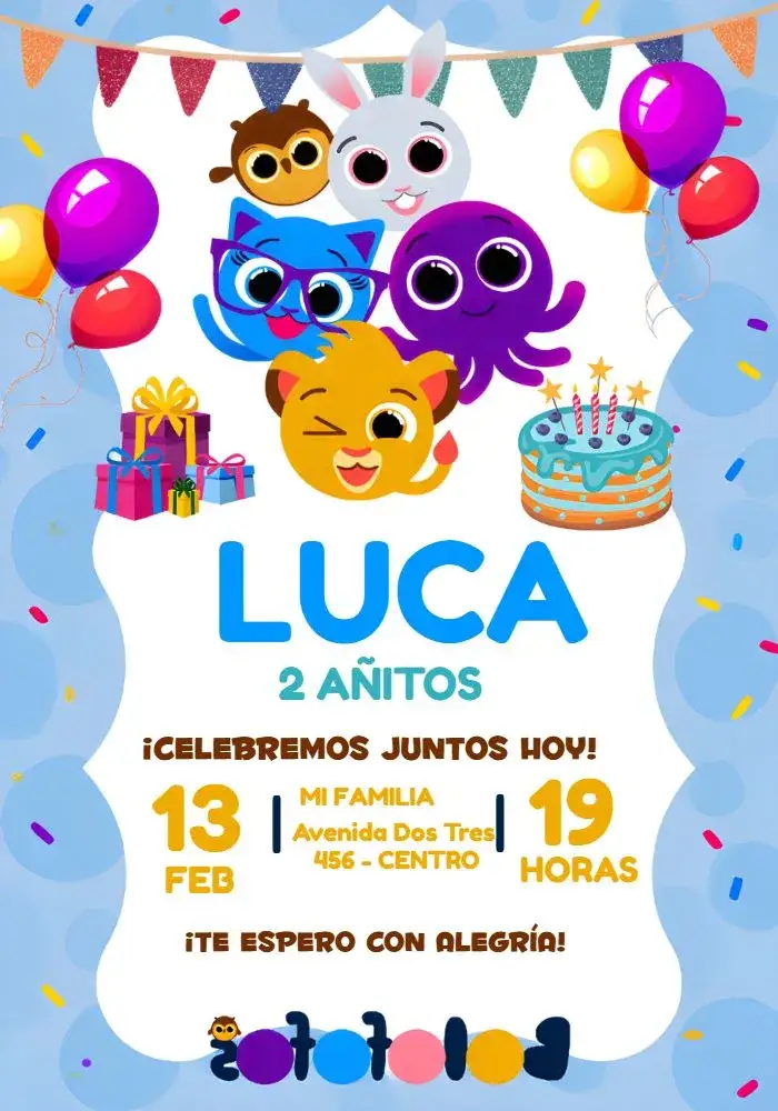 Invitación Bolofofos Niño – tema Más buscados azul, divertido, infantil, lúdico, colorido