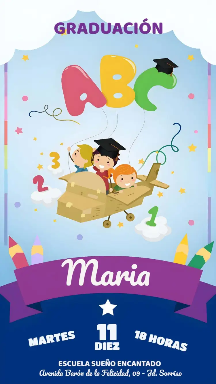 Invitación Graduación Infantil – tema Graduación colorido, divertido, alegre, moderno, infantil