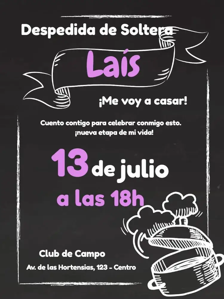 Invitación Despedida de Soltera - Modelo Pizarra 5 Femenino – tema Despedida de Soltera pizarra, morado, moderno, elegante, creativo