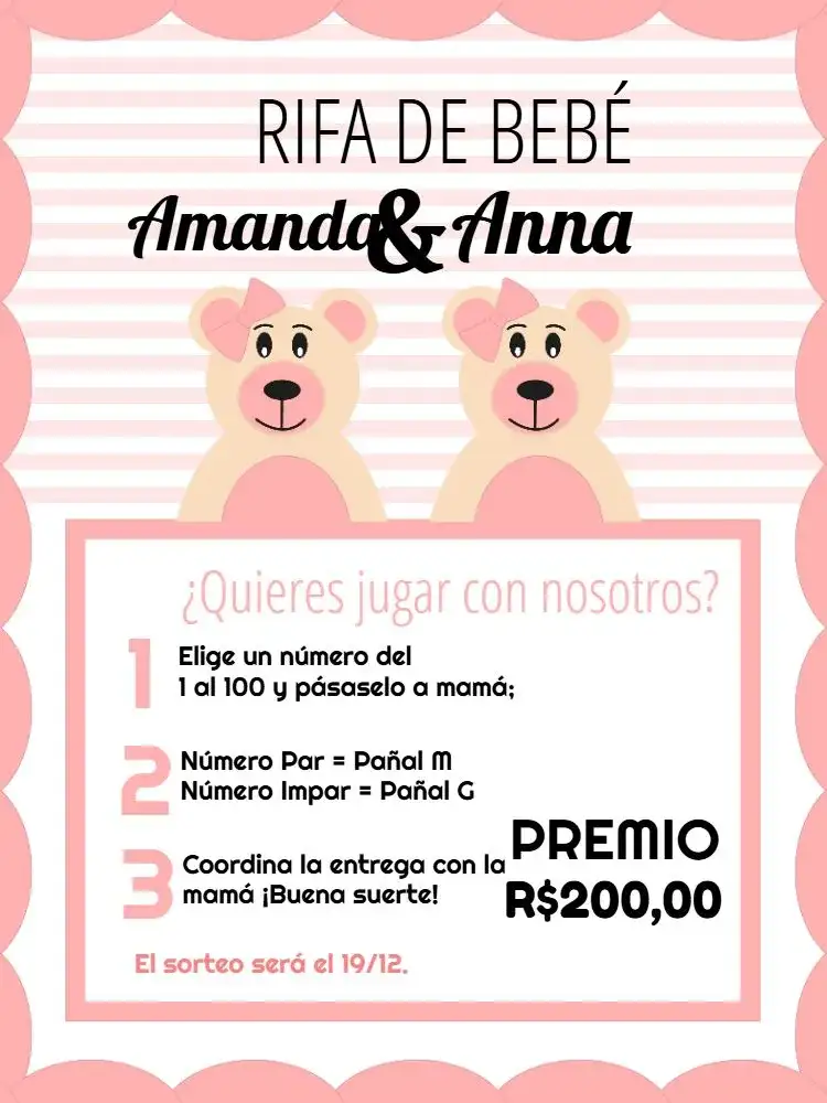 Invitación Té Rifa Ositas Gemelas Rosa – tema Té Rifa rosa y blanco, osos adorables, estilo infantil, tierno, divertido, delicado